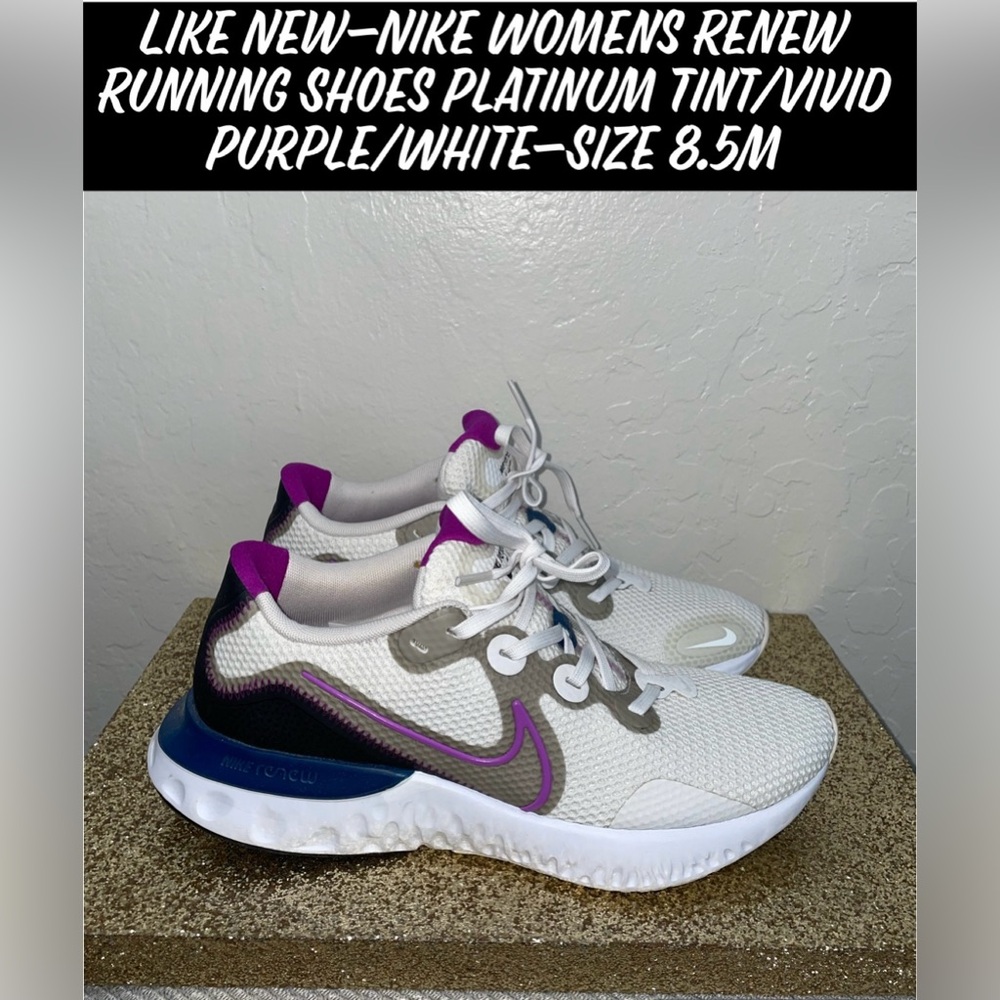 🎉HP🎉LNew-Nike Womens Renew Running Shoes Platinum Tint/Vivid Purple/White💜 8.5m